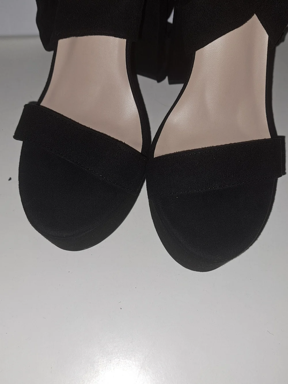 Fashion Nova Black Suede Platform Block Heels with Ankle Wrap